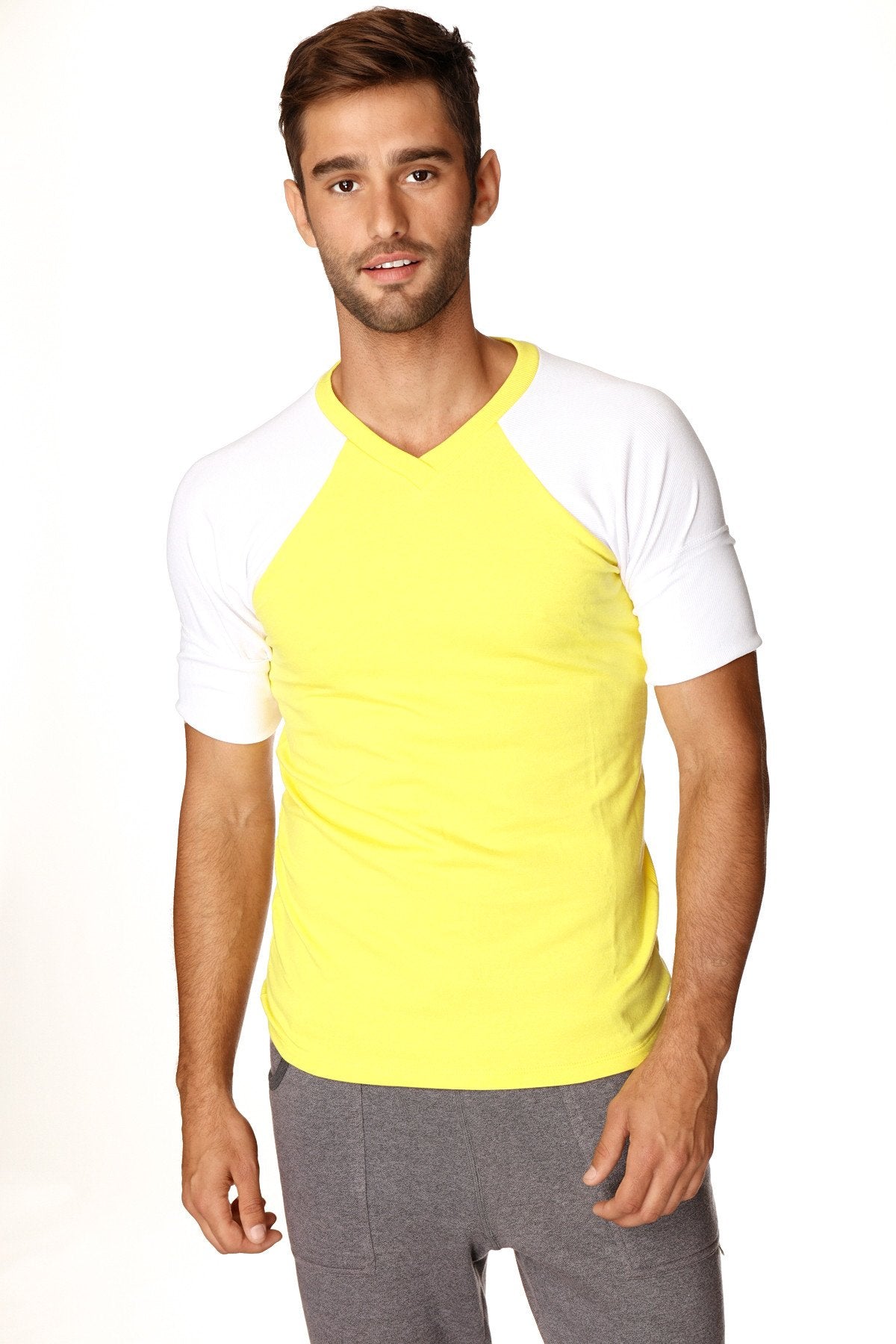 Bright yellow and white raglan sleeve v-neck t-shirt ideal for casual wear in lightweight fabric
