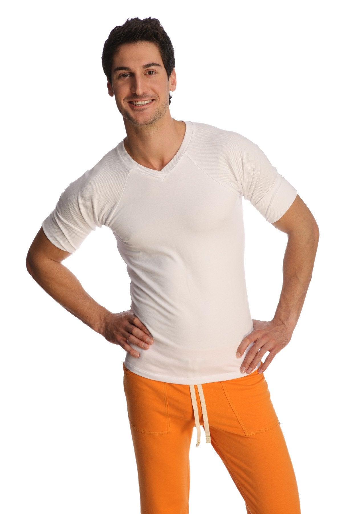 White raglan virtual crew neck short-sleeved t-shirt with v-neck made of soft breathable fabric