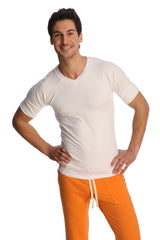 White raglan virtual crew neck short-sleeved t-shirt with v-neck made of soft breathable fabric
