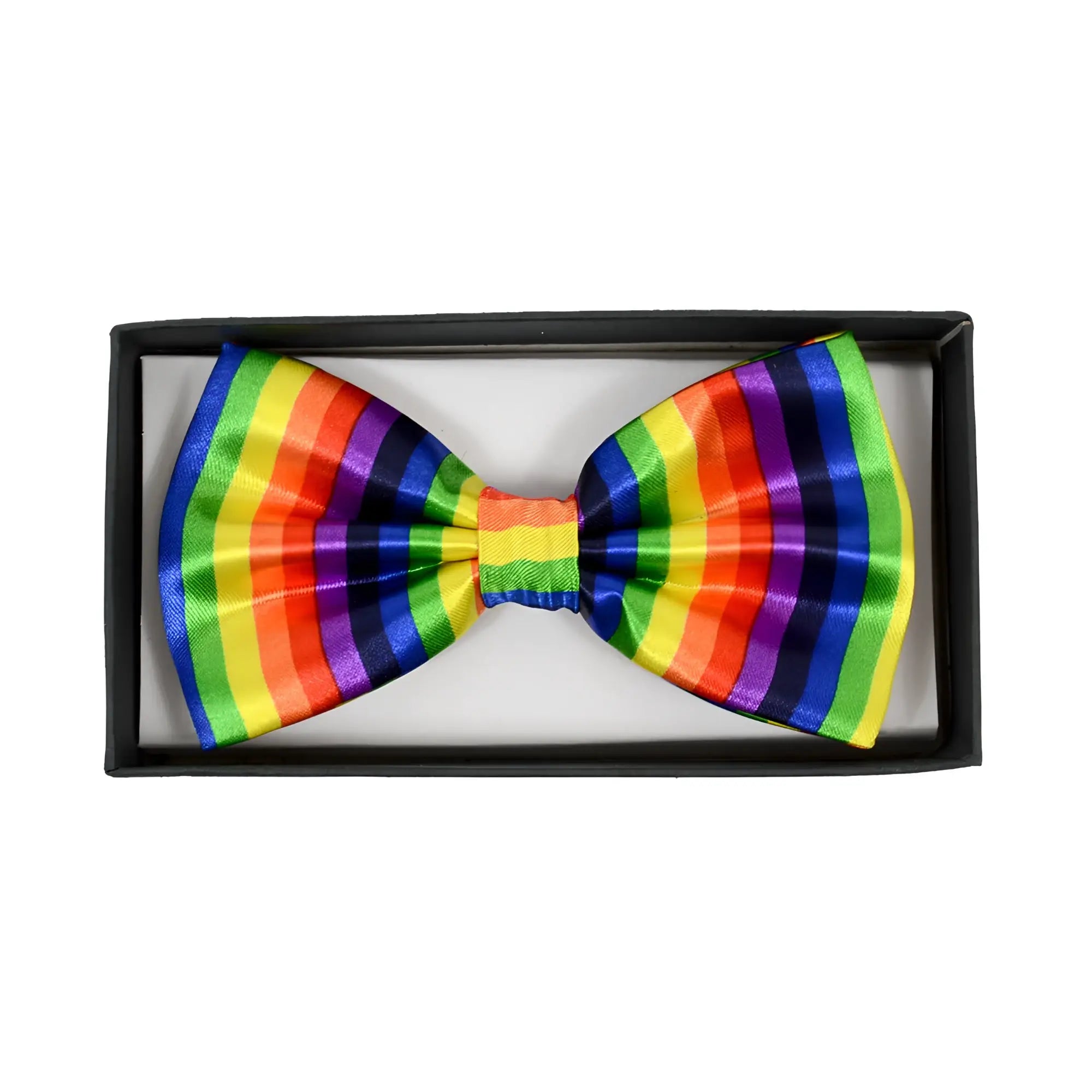 A vibrant rainbow bow tie with glossy satin material featuring bold vertical stripes of red orange yellow green blue and purple