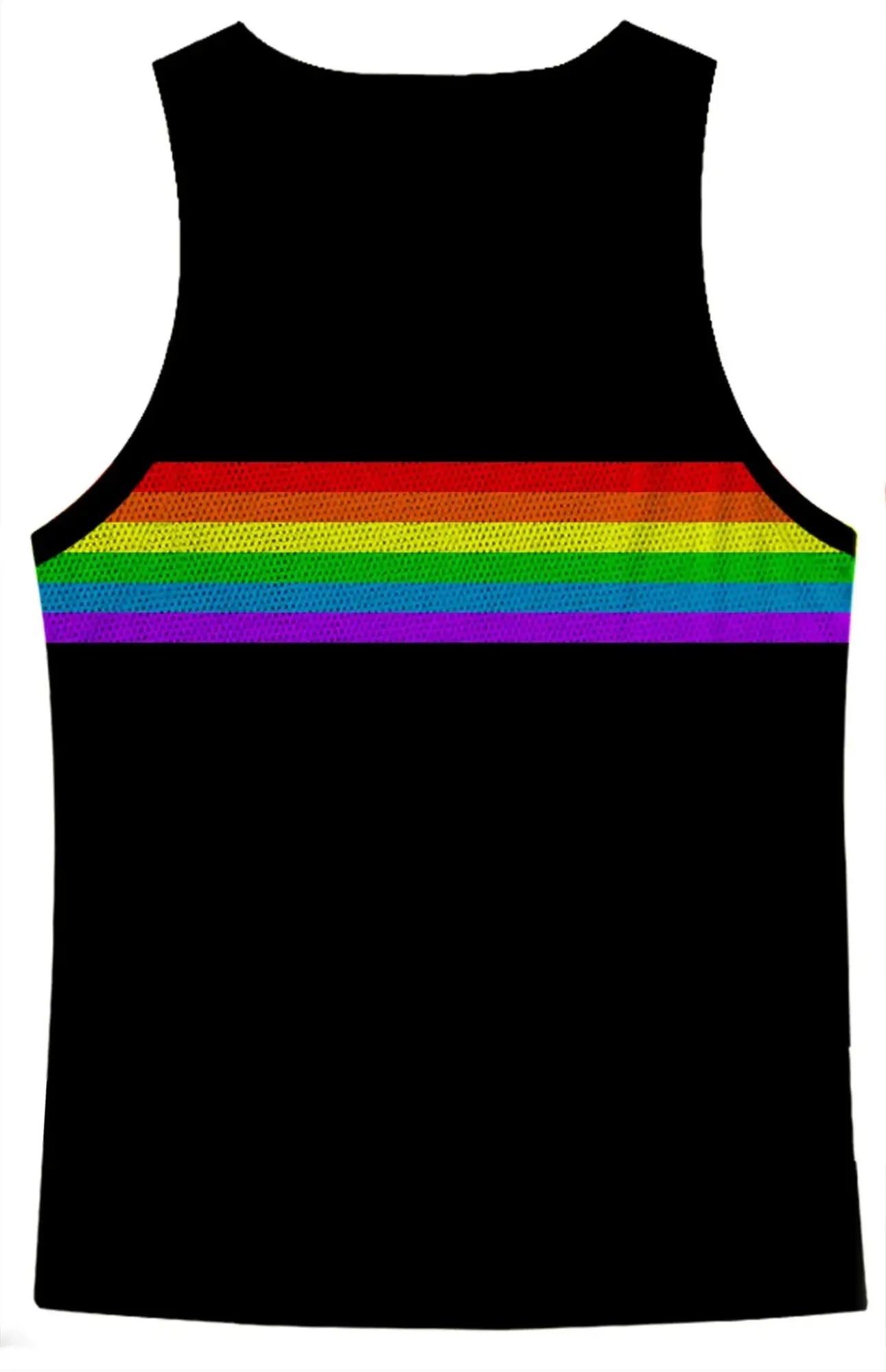 Black sleeveless mesh tank top with vibrant rainbow chest stripe perfect for casual and active wear