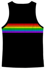 Black sleeveless mesh tank top with vibrant rainbow chest stripe perfect for casual and active wear