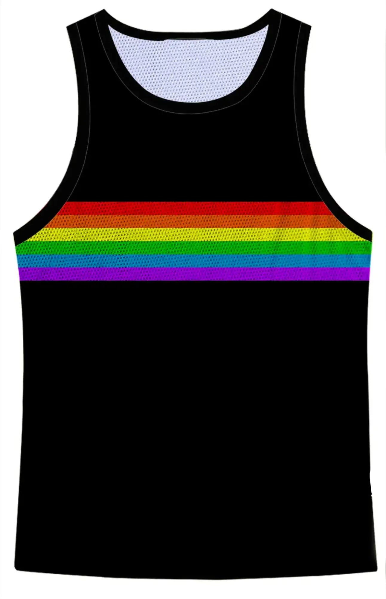 Black mesh tank top with a vibrant rainbow chest stripe perfect for casual and active wear