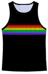 Black mesh tank top with a vibrant rainbow chest stripe perfect for casual and active wear