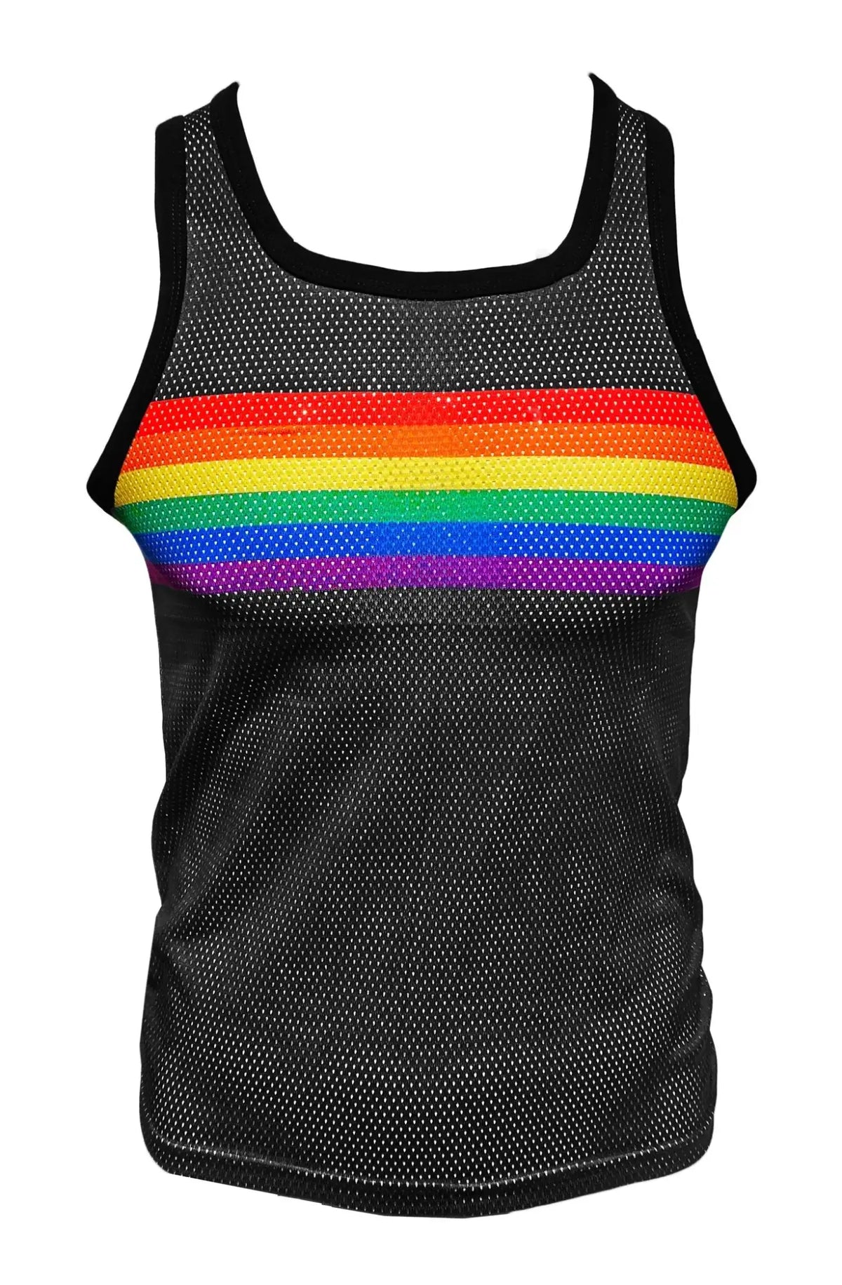 Black mesh tank top with a vibrant rainbow chest stripe for stylish breathable summer wear