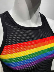 Black mesh tank top with a vibrant rainbow stripe across the chest from the rainbow chest stripe mesh tank collection