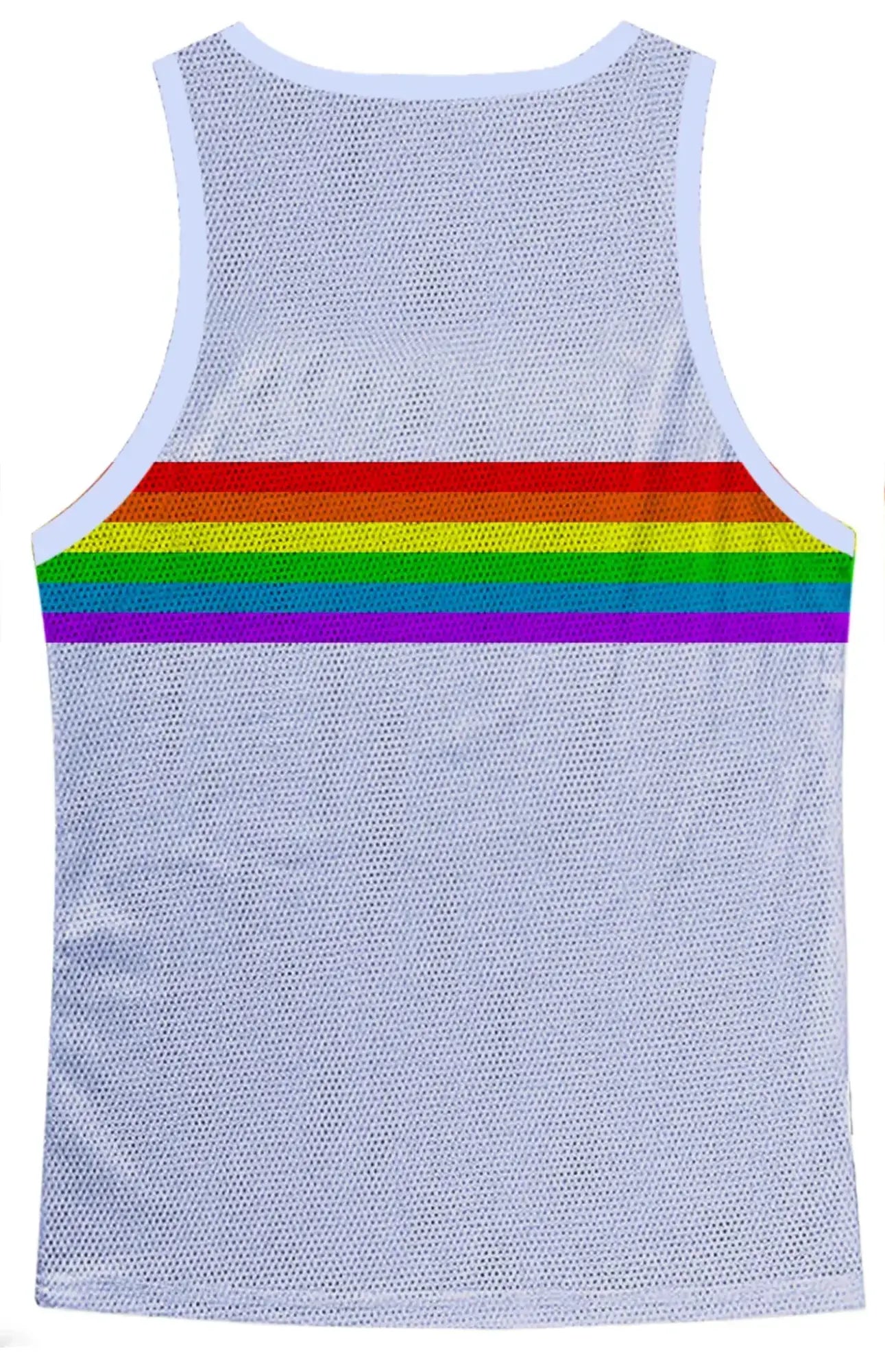 White mesh tank top with a bold rainbow chest stripe perfect for casual summer wear