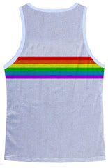 White mesh tank top with a bold rainbow chest stripe perfect for casual summer wear