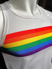 White mesh tank top with vibrant rainbow chest stripe designed for breathable casual wear