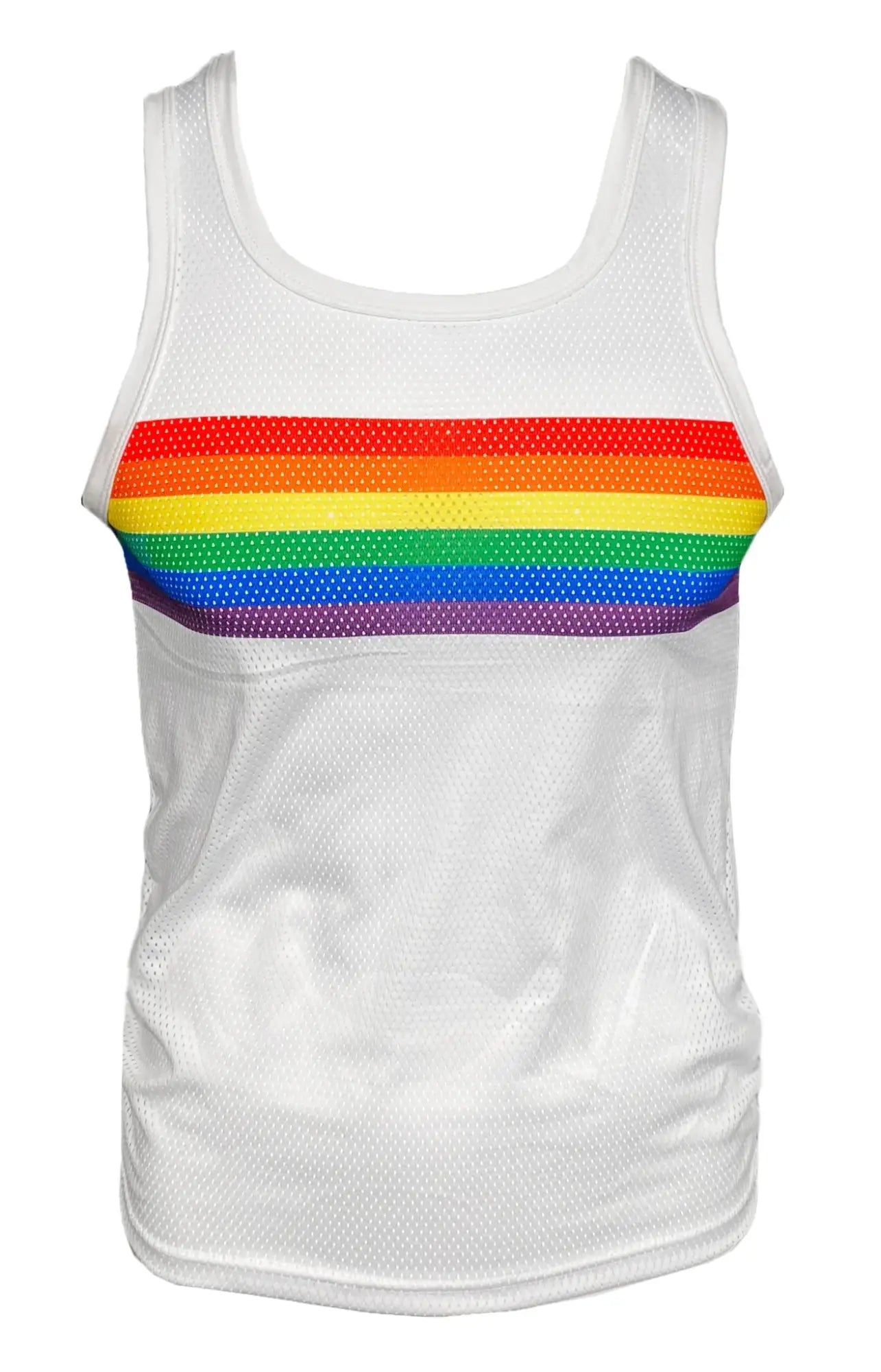 White mesh tank featuring a vibrant horizontal rainbow stripe across the chest for a bold summer look