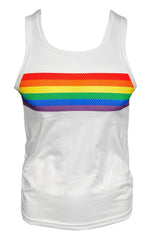White mesh tank featuring a vibrant horizontal rainbow stripe across the chest for a bold summer look