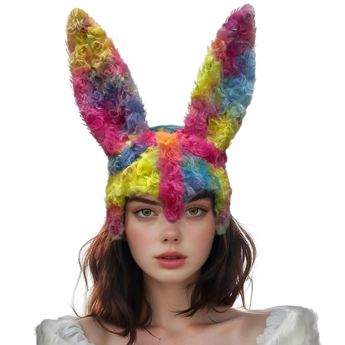 A vibrant rainbow fuzzy bunny mask knitted with fluffy texture and long ears for playful winter wear