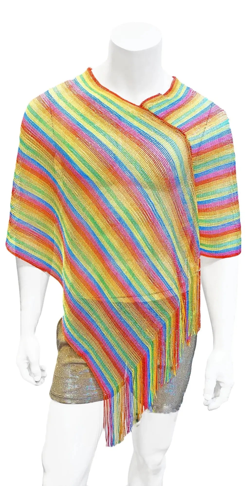 Rainbow glitter poncho knitted with rainbow stripes and fringe detailing for stylish layered warmth
