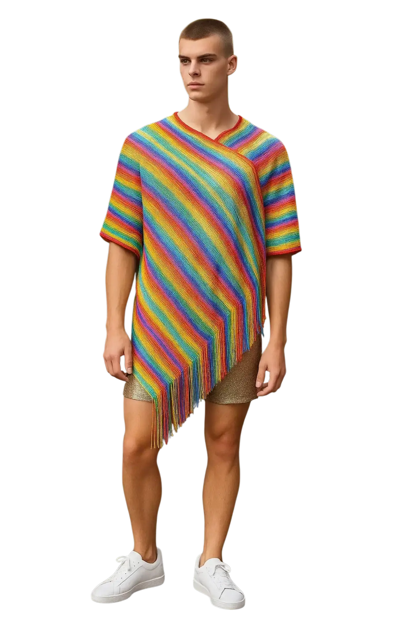 Rainbow glitter poncho knitted with rainbow stripes and fringe hem featuring short sleeves for stylish layering