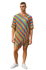 Rainbow glitter poncho knitted with rainbow stripes and fringe hem featuring short sleeves for stylish layering