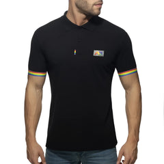 Black polo shirt with rainbow trim on sleeves and small colorful geometric embroidered patch for casual wear