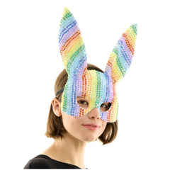 A sparkling rainbow rhinestone bunny mask with long pointed ears featuring sequined detailing