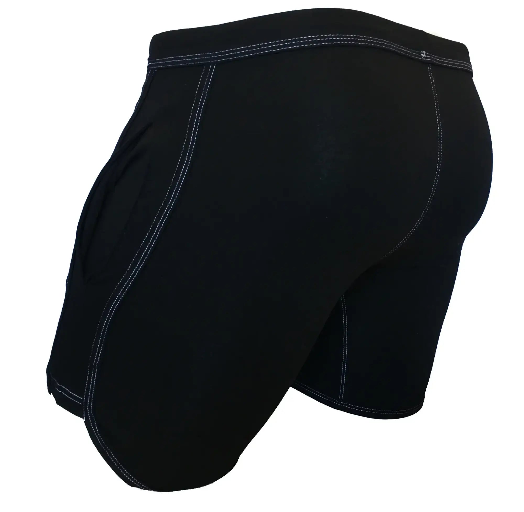 Black athletic shorts with white stitching along seams and waistband from rainbow ribbon shorts collection