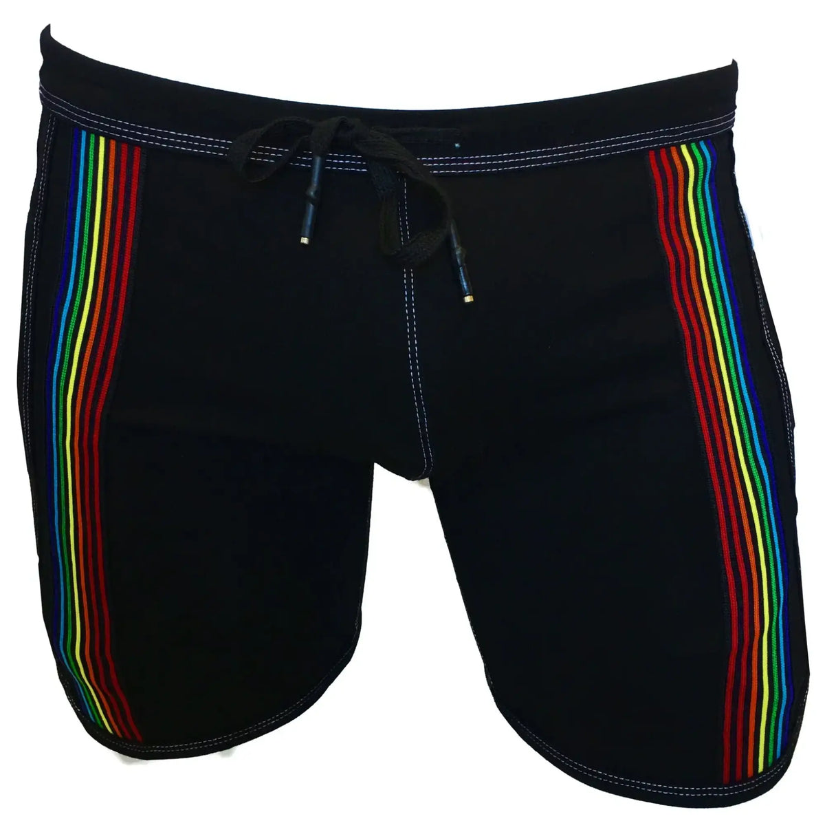 Black swim trunks featuring vibrant rainbow stripes down each side perfect for casual beachwear