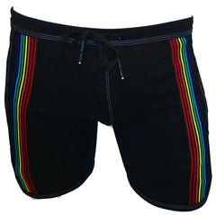Black swim trunks featuring vibrant rainbow stripes down each side perfect for casual beachwear