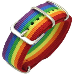 Rainbow strap bracelet with rainbow-striped nylon material and silver-toned metal buckle for wristwear use