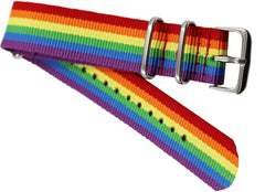 Rainbow strap bracelet made of nylon with rainbow stripes and silver-toned buckle and keepers for watches
