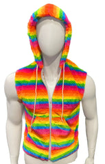 Rainbow stripe faux fur hoodie fuzzy vest with hood zipper and drawstrings in vibrant rainbow colors