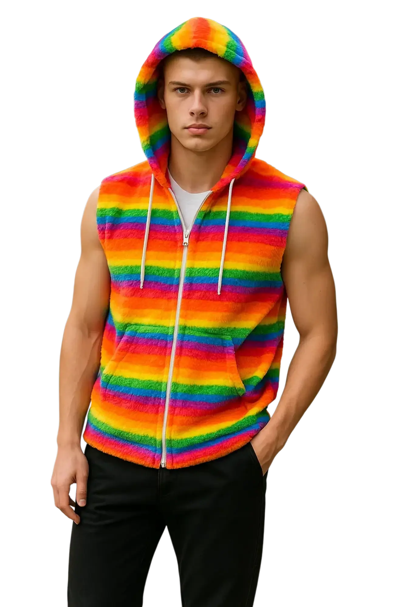 Rainbow stripe faux fur hoodie is a rainbow-striped plush sleeveless hoodie with a matching hood and white drawstrings