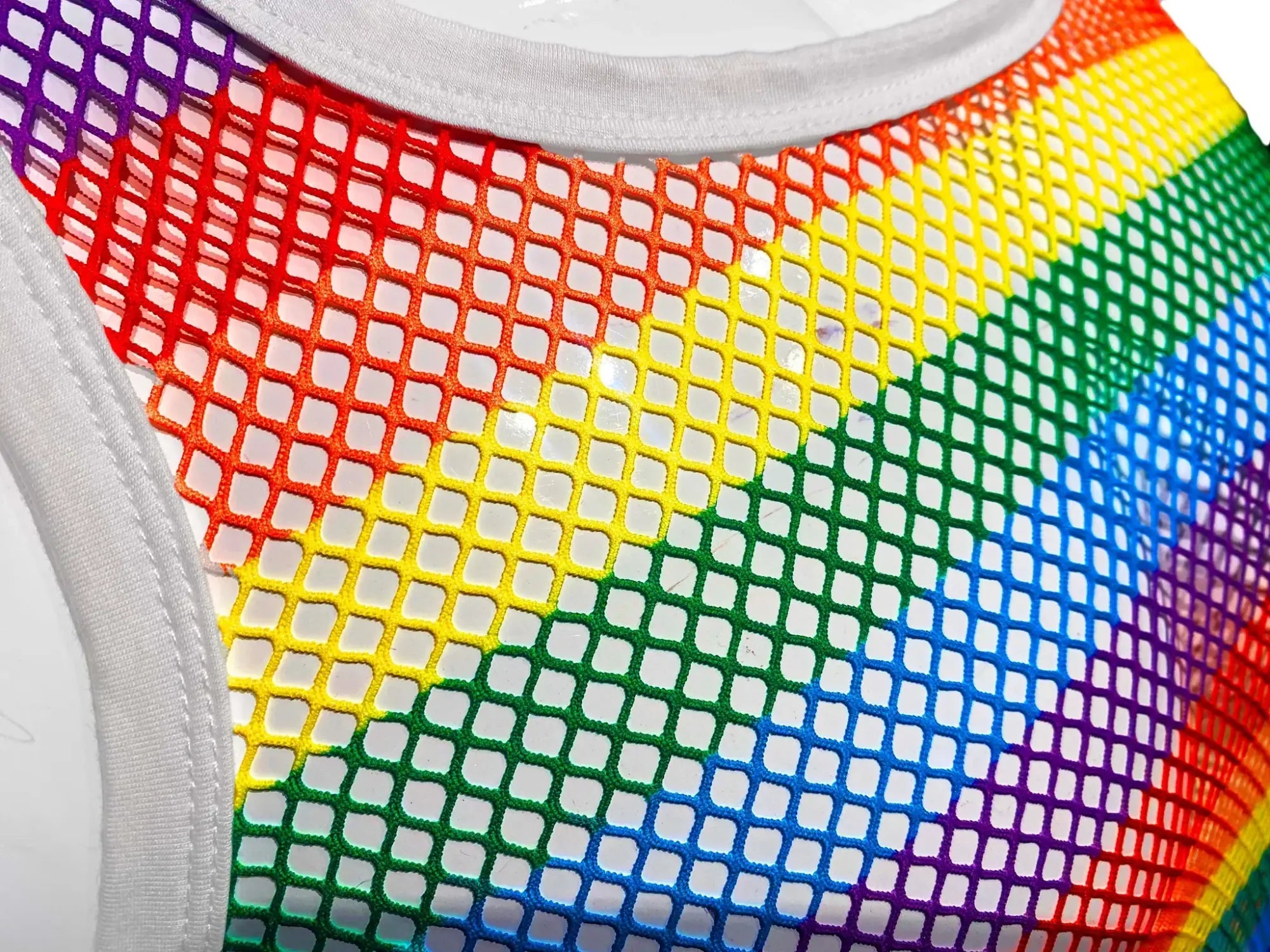 Rainbow stripe fine mesh tank featuring a rainbow-colored mesh top with white trim and breathable fabric details
