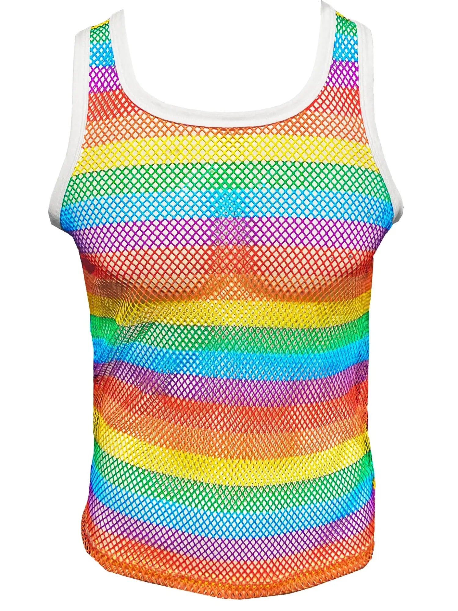 Rainbow stripe fine mesh tank top featuring white trim and a breathable rainbow-striped mesh fabric design