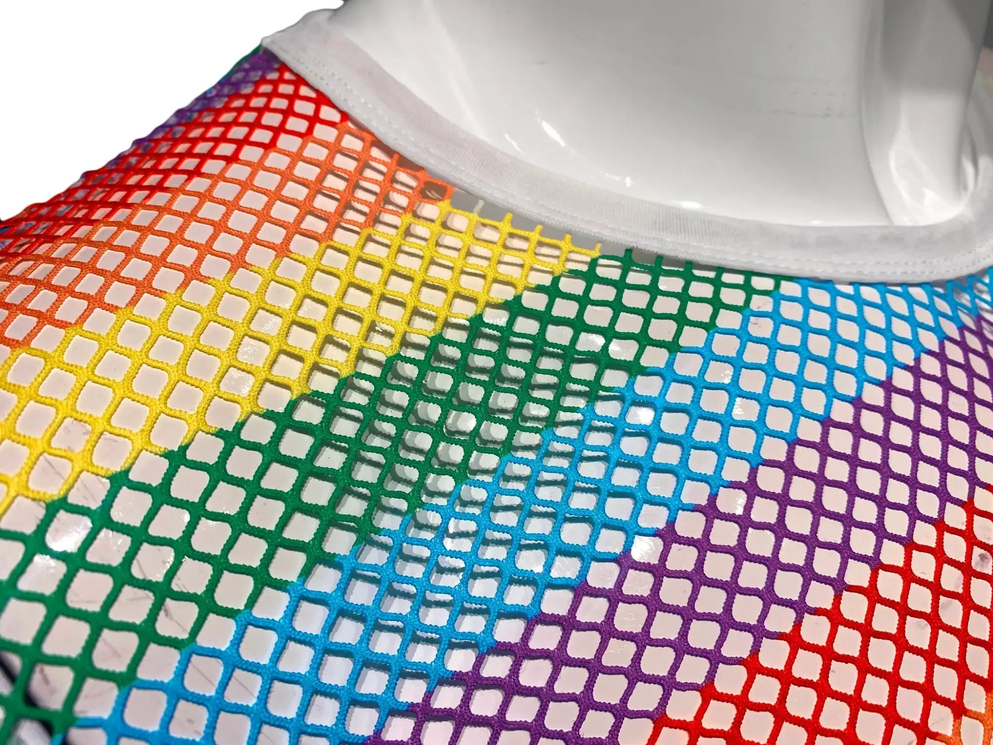 Rainbow stripe fine mesh tee featuring a rainbow-colored mesh fishnet top with a white elastic neckline