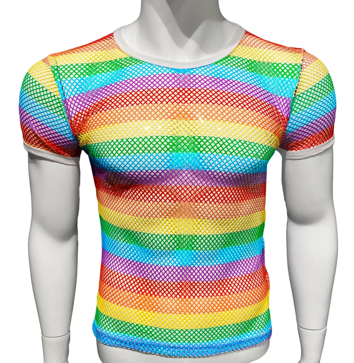 Rainbow stripe fine mesh tee short sleeve top with round neckline in vibrant rainbow colors and breathable mesh fabric