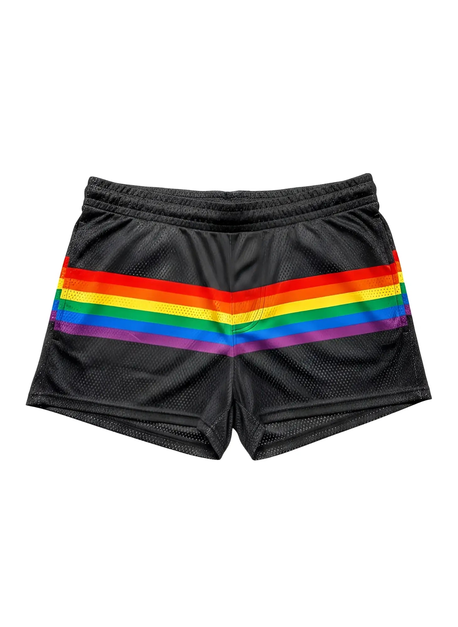 Black mesh athletic shorts with a bold horizontal rainbow stripe across the front designed for active wear