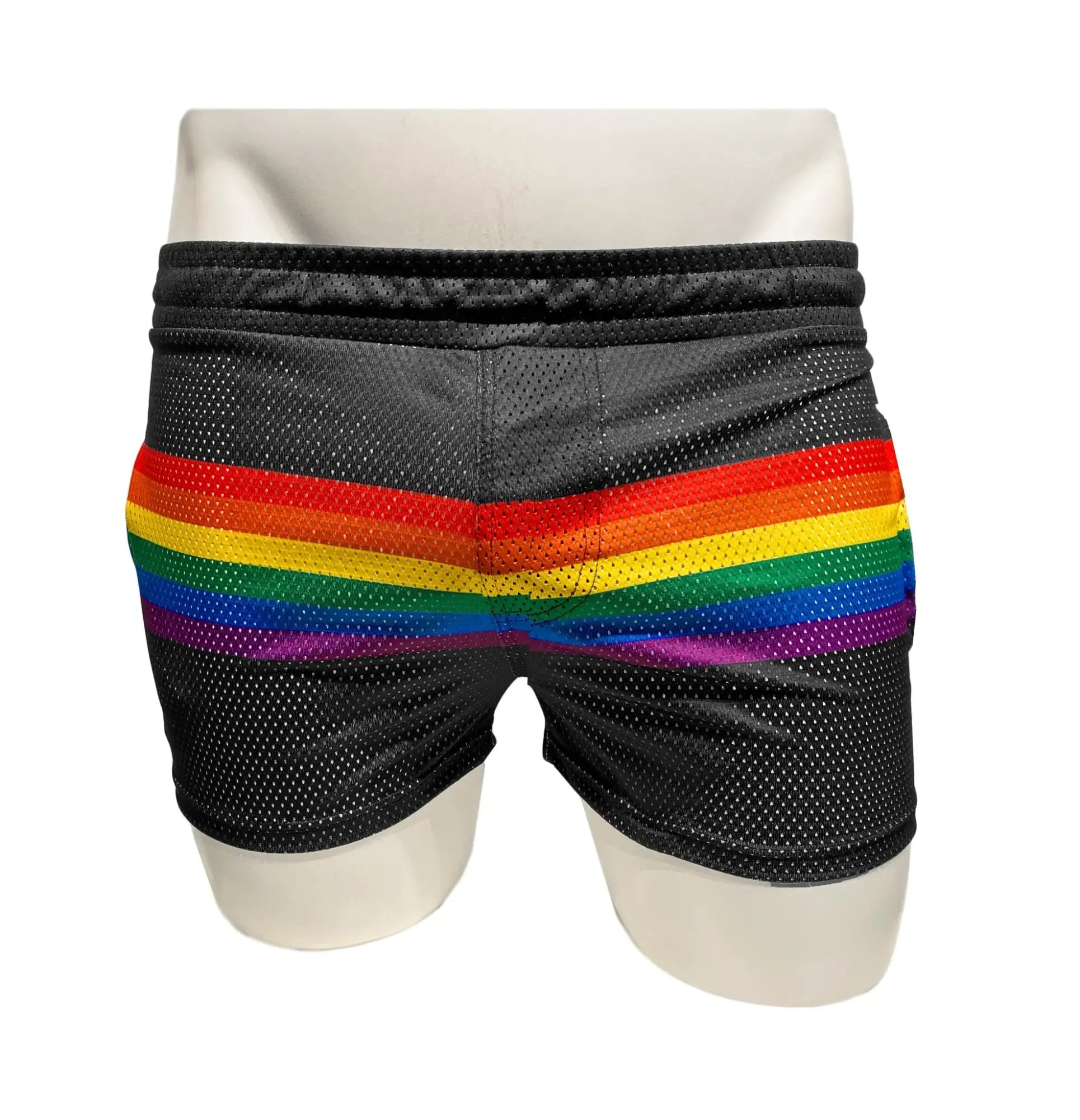 Black mesh shorts with a bold horizontal rainbow stripe across the front for a vibrant sporty look