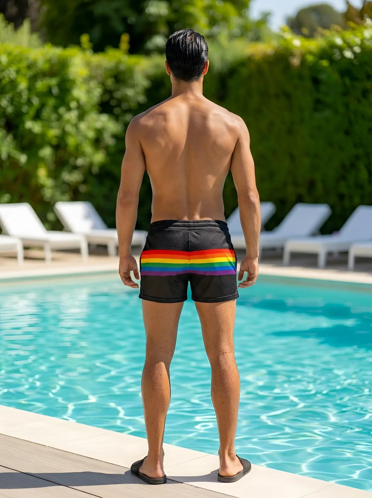 Black rainbow stripe mesh shorts with vibrant rainbow waistband stripe designed for swimwear use