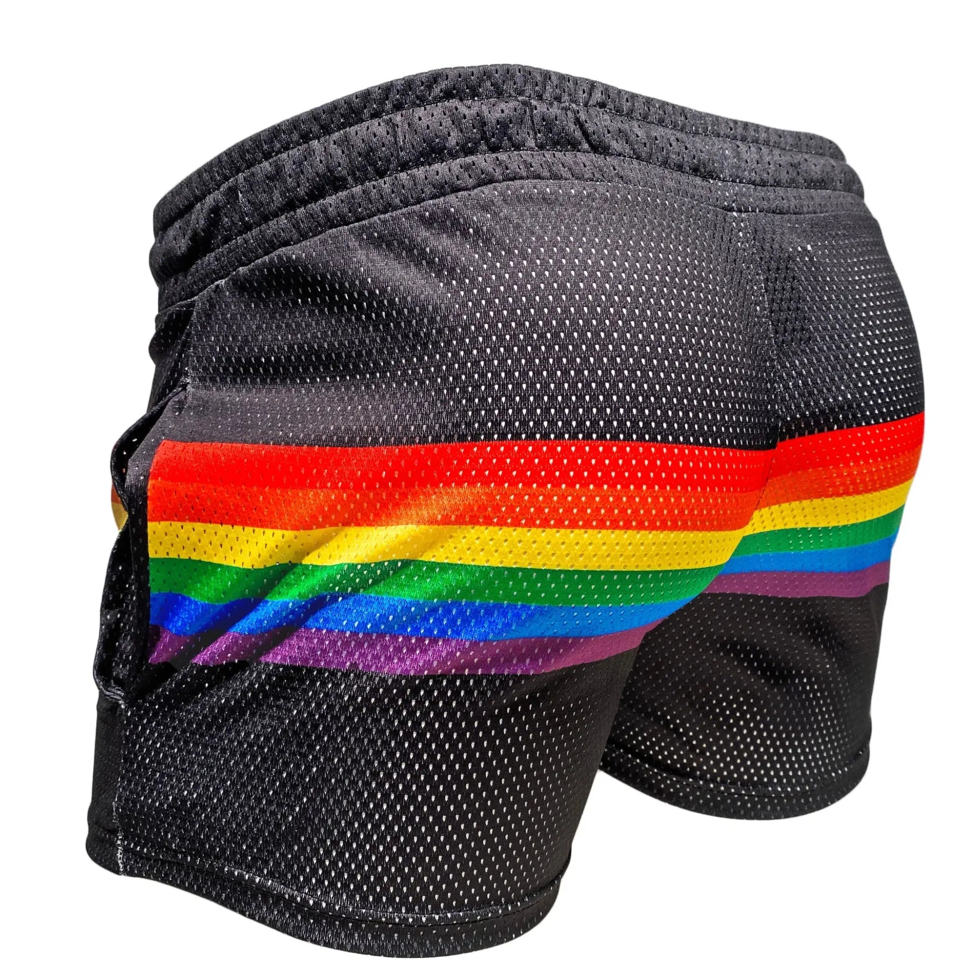 Black mesh shorts with a vibrant rainbow stripe across the back in the rainbow stripe mesh shorts design