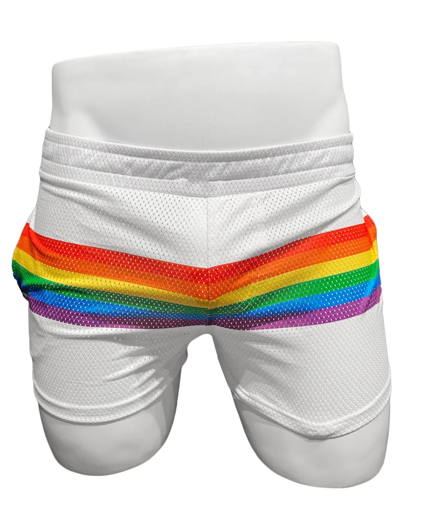 White mesh athletic shorts with a bold horizontal rainbow stripe across the waistband rainbowl stripe mesh shorts