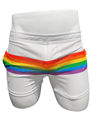 White mesh athletic shorts with a bold horizontal rainbow stripe across the waistband rainbowl stripe mesh shorts