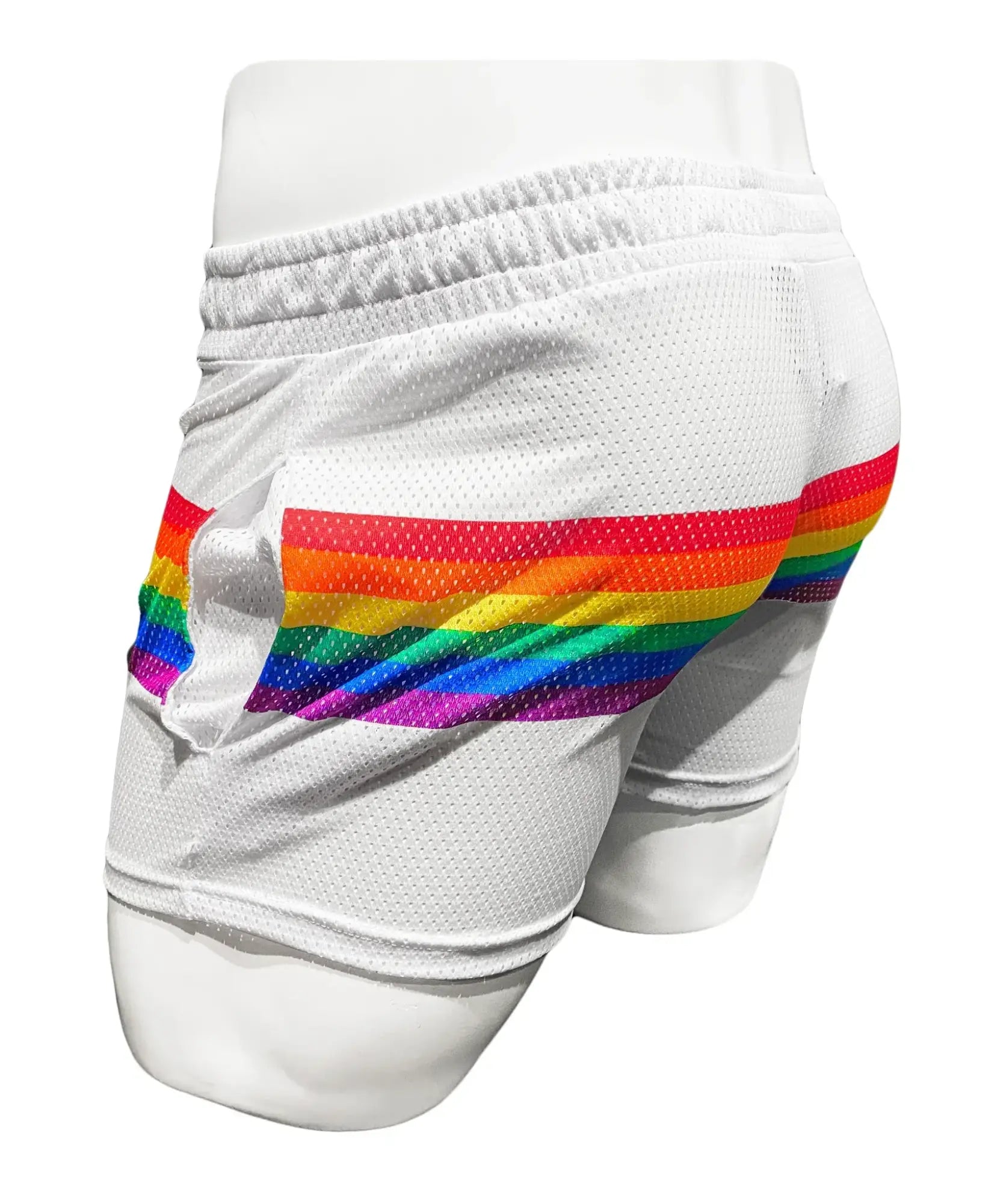 White mesh athletic shorts with vibrant rainbow stripe across the back for sporty casual wear