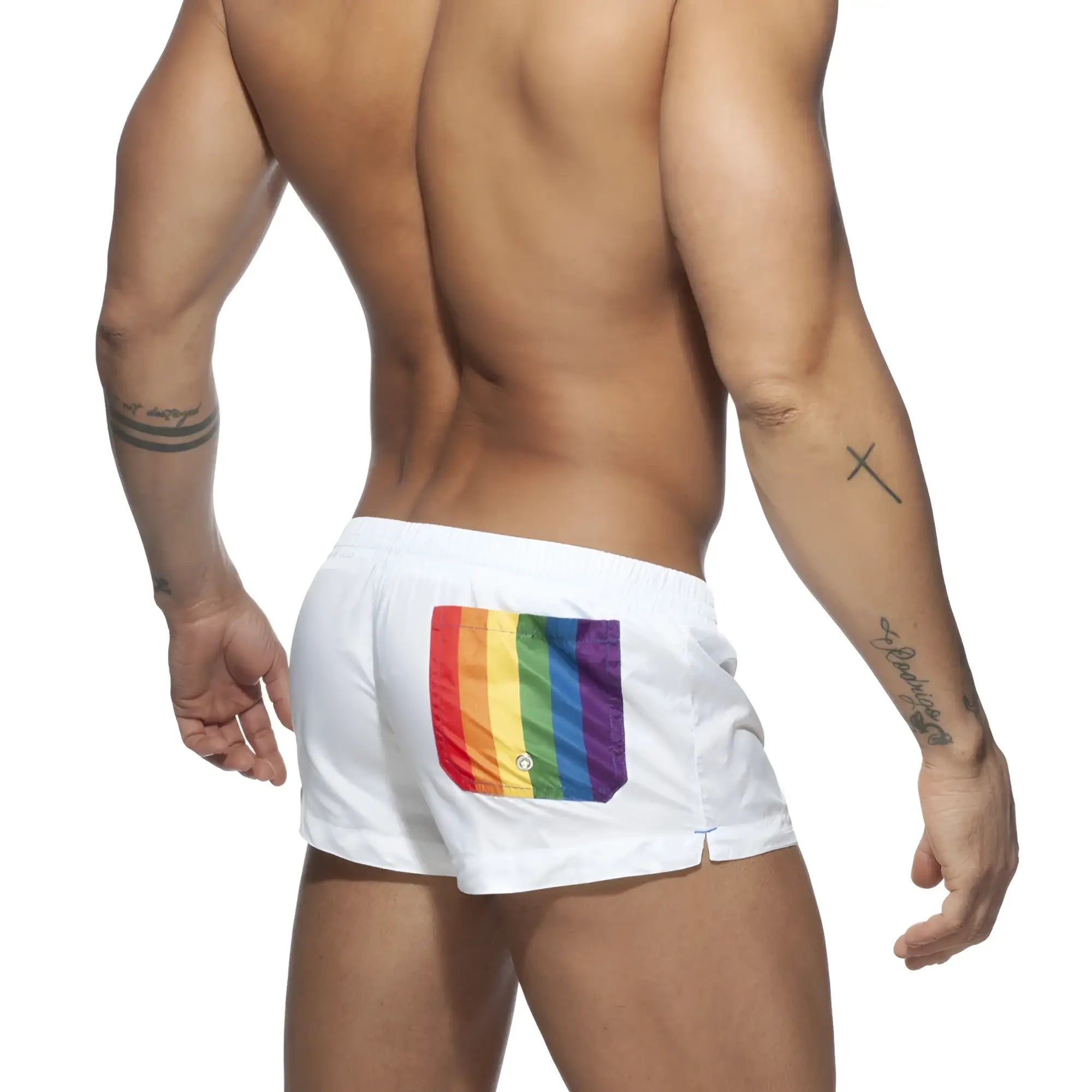 Back side of white rainbow swim short with vibrant rainbow flag patch on the swim trunks pocket