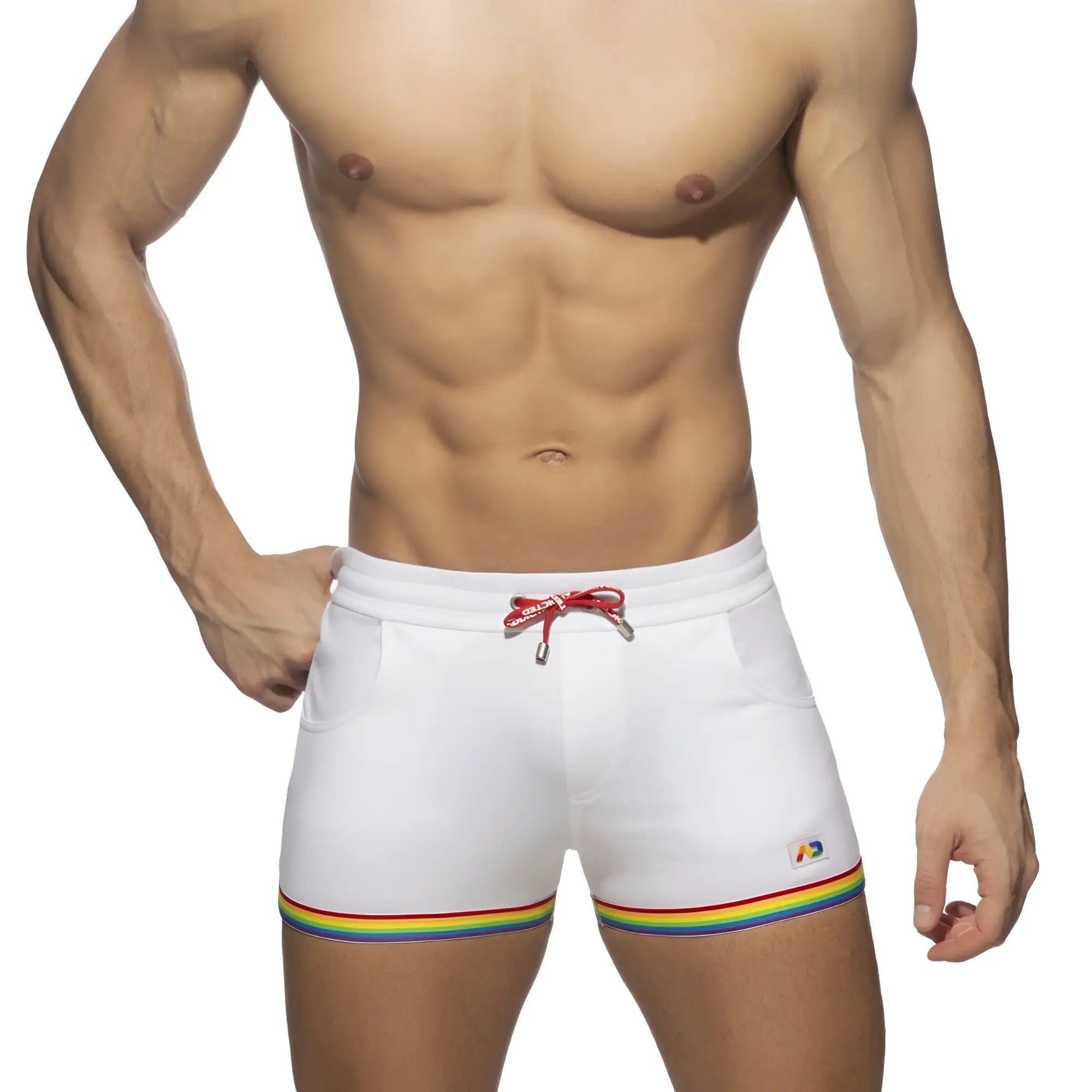 White cotton swim trunks with rainbow tape trim and red drawstring ideal for casual beachwear