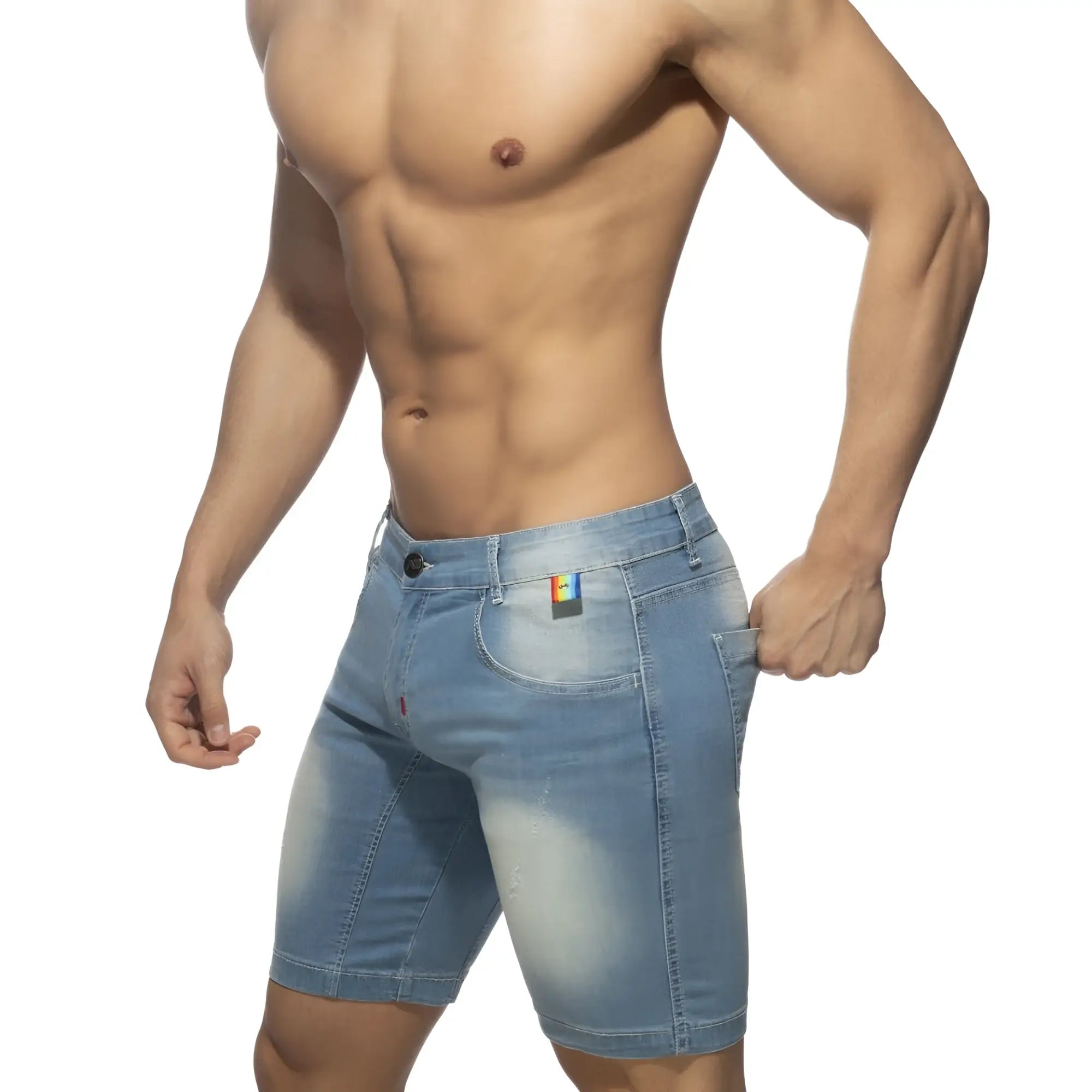 Light-wash denim rainbow tape jean short with faded distressed look and subtle thigh fading front view