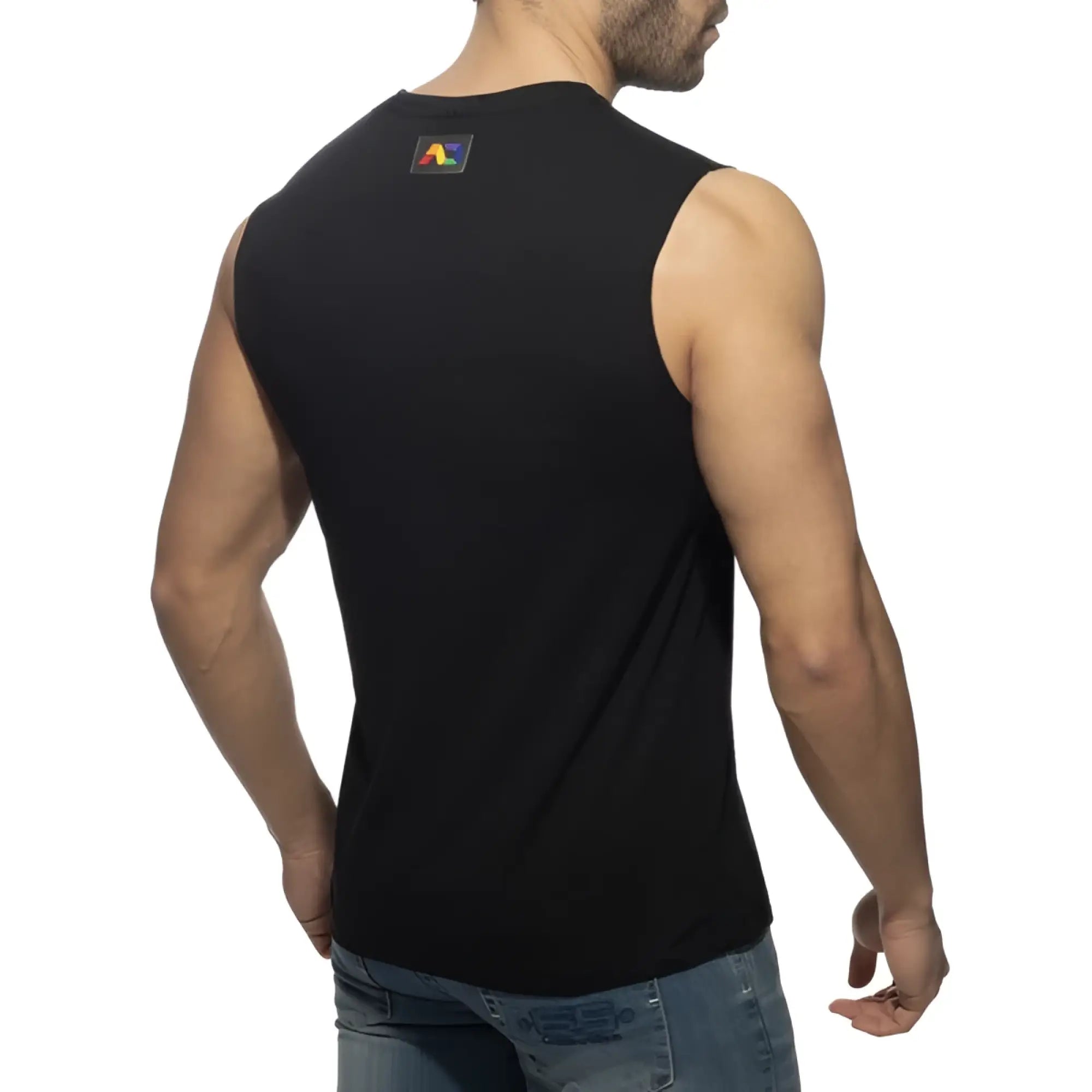Black sleeveless rainbow tape tank top showing back with colorful logo patch on upper back for casual wear