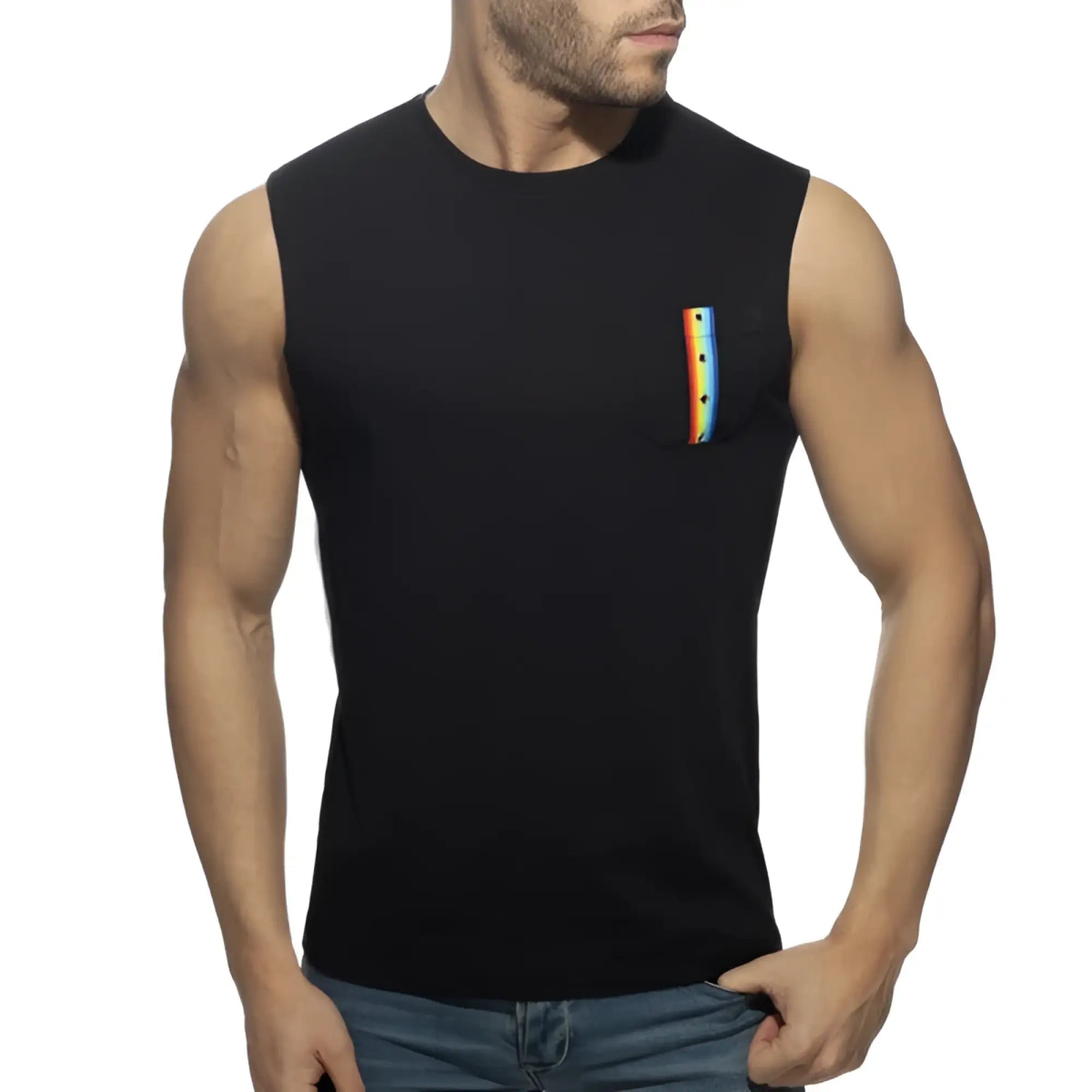 Black sleeveless tank top with rainbow-striped chest pocket made from soft breathable fabric for casual wear