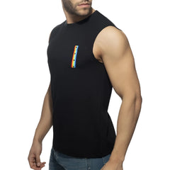 Black sleeveless rainbow tape tank top with vertical rainbow-colored graphic on the chest for casual wear