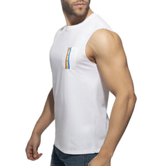 White sleeveless tank top with rainbow-striped pocket detail perfect for casual summer wear