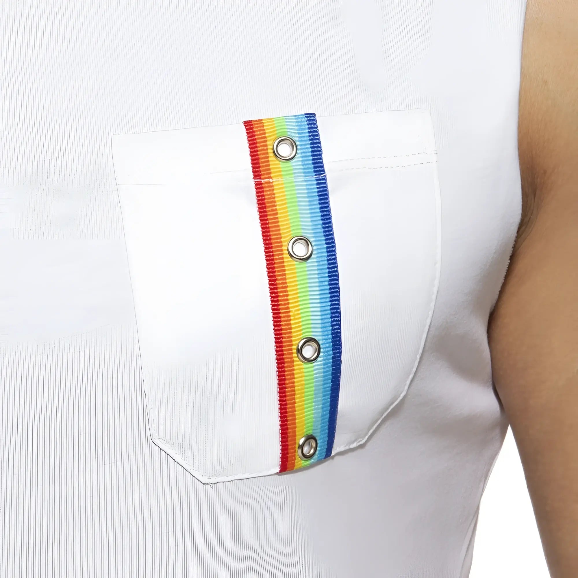 White sleeveless tank top with rainbow-striped ribbon and silver grommets on front pocket for casual wear