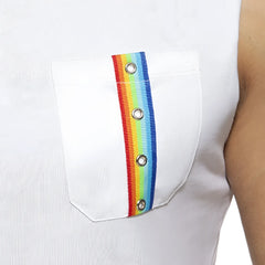 White sleeveless tank top with rainbow-striped ribbon and silver grommets on front pocket for casual wear