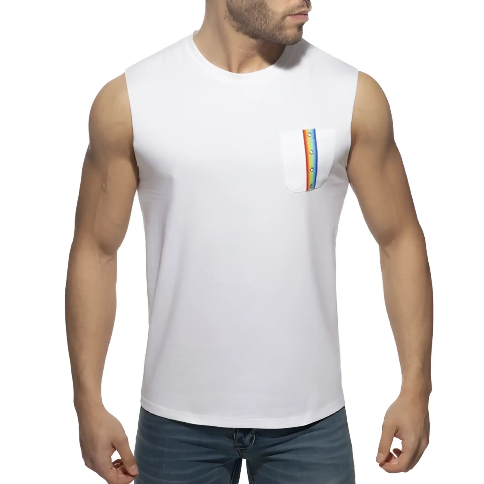 White sleeveless rainbow tape tank top featuring a rainbow-striped pocket detail on soft cotton fabric