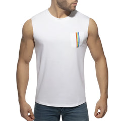 White sleeveless rainbow tape tank top featuring a rainbow-striped pocket detail on soft cotton fabric